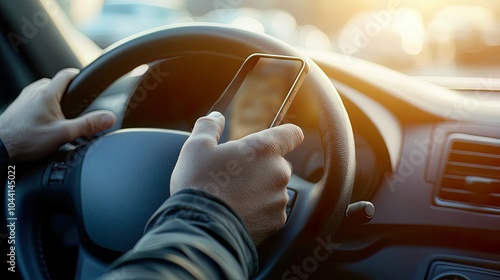 A person holds a smartphone while driving, showcasing a common yet dangerous behavior that distracts from safe driving practices.