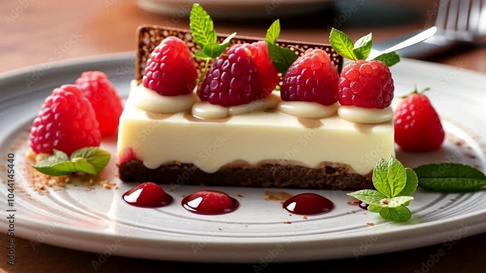 This beautifully presented cheesecake topped with raspberries and chocolate in an elegant setting. This beautifully presented cheesecake topped with raspberries and chocolate in an elegant setting.