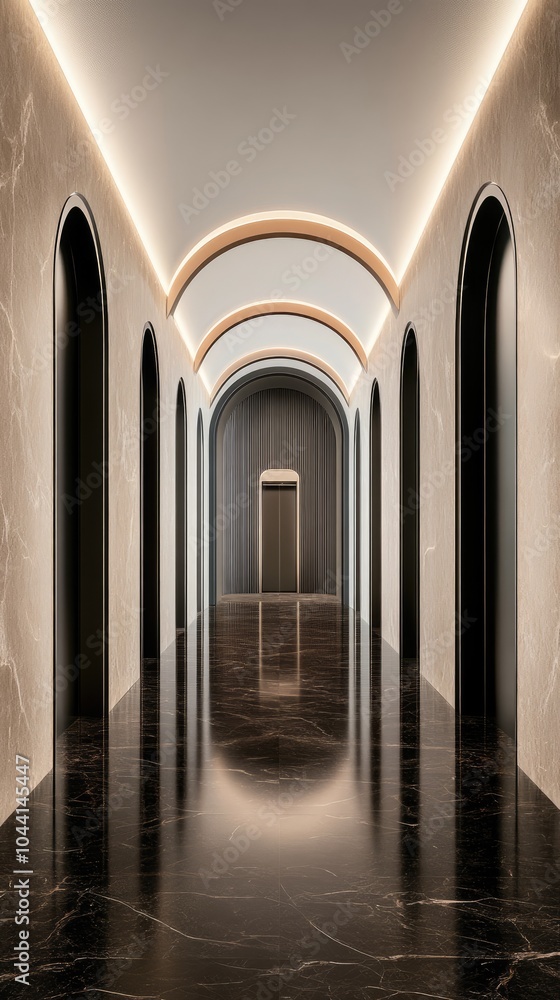 Obraz premium The elevator showcases a striking dark marble interior, featuring symmetrical design elements and sophisticated lighting in a contemporary style