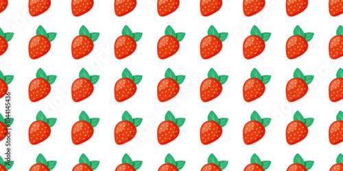 Strawberry Pattern. Seamless symmetrical print of summer red Berries with green leaves on white background. Vitamins Garden Fruits in row. Healthy vegan food. Wrapping paper. Vector illustration.