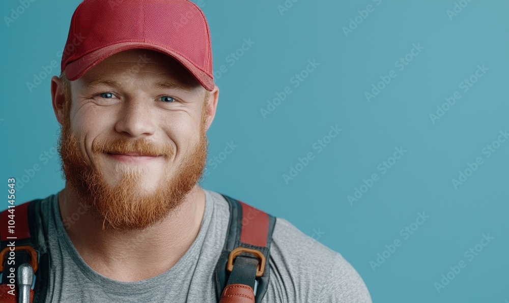 Service role, smiling worker in uniform gripping wrench, embodying professionalism, efficiency, problem solving, technical expertise, importance of hands-on labor in ensuring smooth operations.