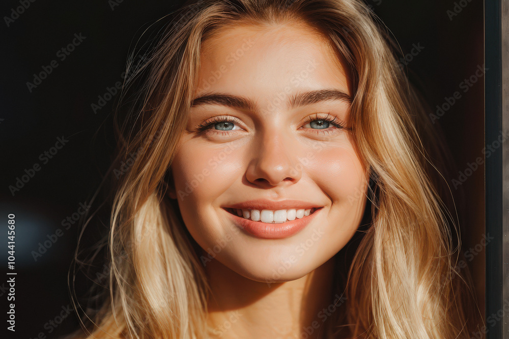 A beautiful close-up portrait of a young woman with glowing skin and a radiant smile, her eyes reflecting the natural sunlight. Generative AI A beautiful close-up portrait of a young woman with glowing skin and a radiant smile, her eyes reflecting the natural sunlight. Generative AI