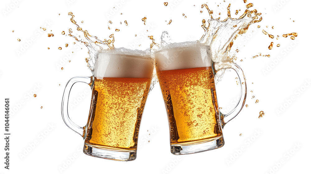 Two Beer Mugs Toasting With Splashes on a Transparent Background Generative AI