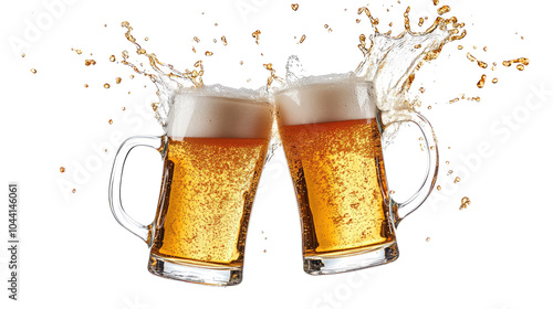 Obraz na płótnie Two Beer Mugs Toasting With Splashes on a Transparent Background Generative AI w salonie