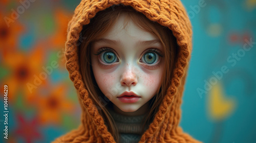 A fantasy elfin girl with huge green eyes, a delicate chin and wearing an orange knit hoodie. Fairy-like in form.