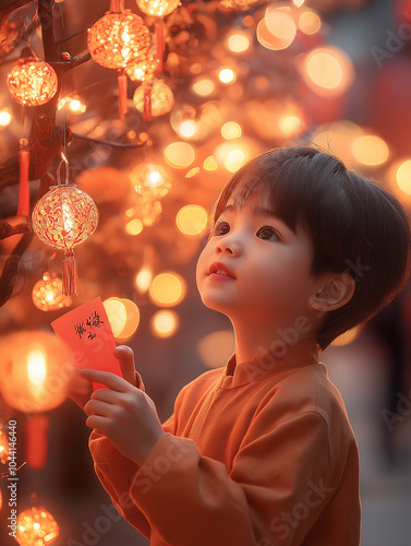 Child holding a red envelope under festive lanterns, embracing Lunar New Year joy. AI Generative photo