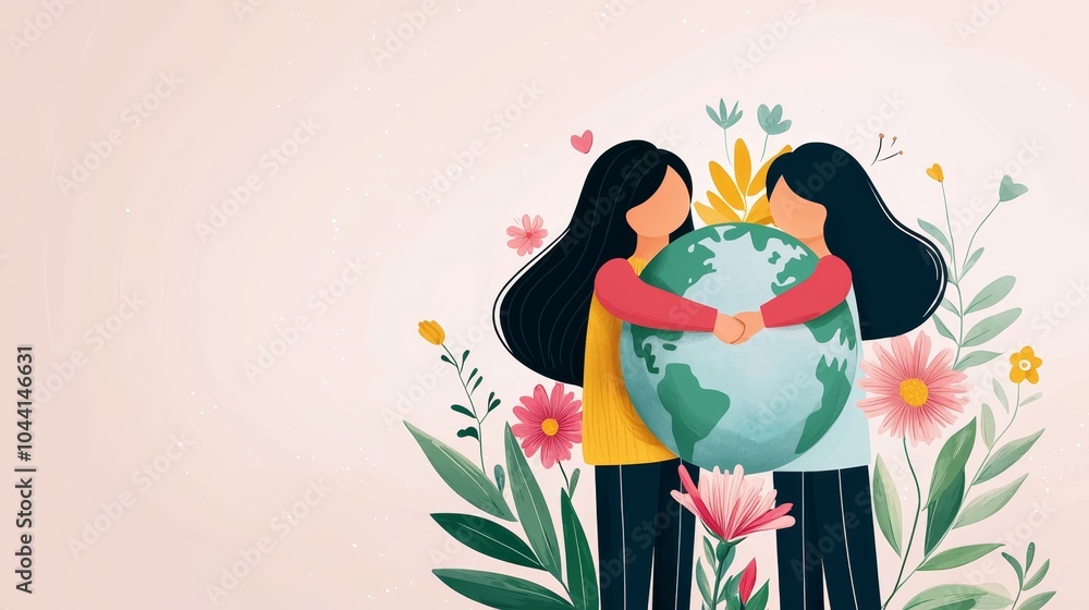 Embracing Earth: Heartfelt Environmental Love with Blooming Flowers - Flat Design Illustration Embracing Earth: Heartfelt Environmental Love with Blooming Flowers - Flat Design Illustration
