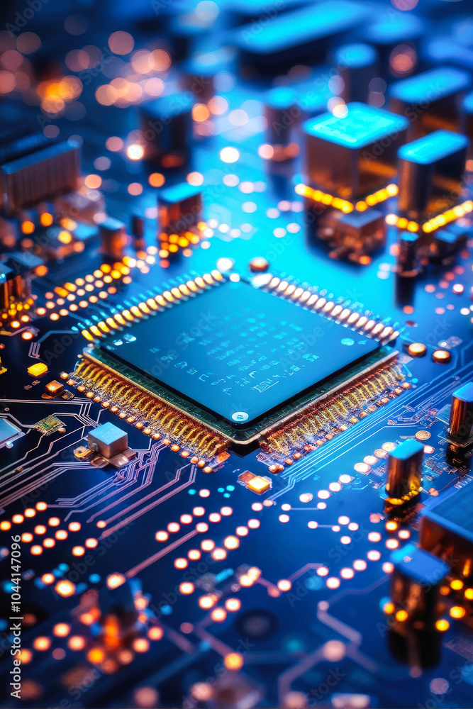 Obraz premium Close-up view of a high-tech electronic circuit board with glowing components, highlighting advanced technology and digital connections. Generative AI