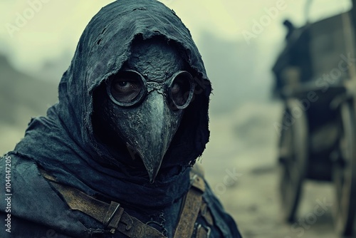 Medieval remedy: The plague doctor with bird beak mask, a distinctive symbol of historical medical practices, epresenting an era of medical history and the fight against plagues. photo