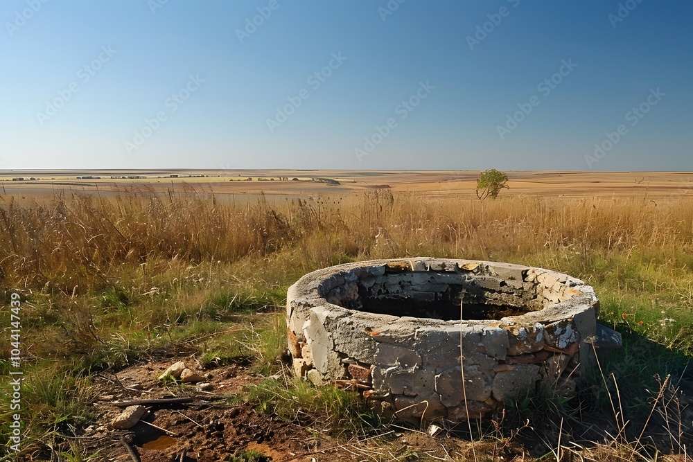 Abandoned Well Surrounded by Expansive Fields Under a Clear Blue Sky Abandoned Well Surrounded by Expansive Fields Under a Clear Blue Sky