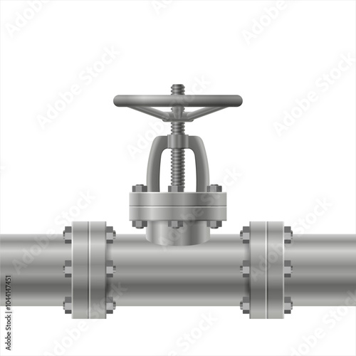 Realistic stop valve  and metal pipe. Manual rotary valve type is silver gray for installation in the water supply system. Vector illustration isolated on white background 