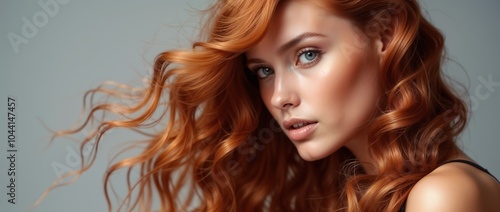 A beautiful woman with flowing red hair glances over her shoulder in this elegant portrait, emphasizing natural beauty and style.