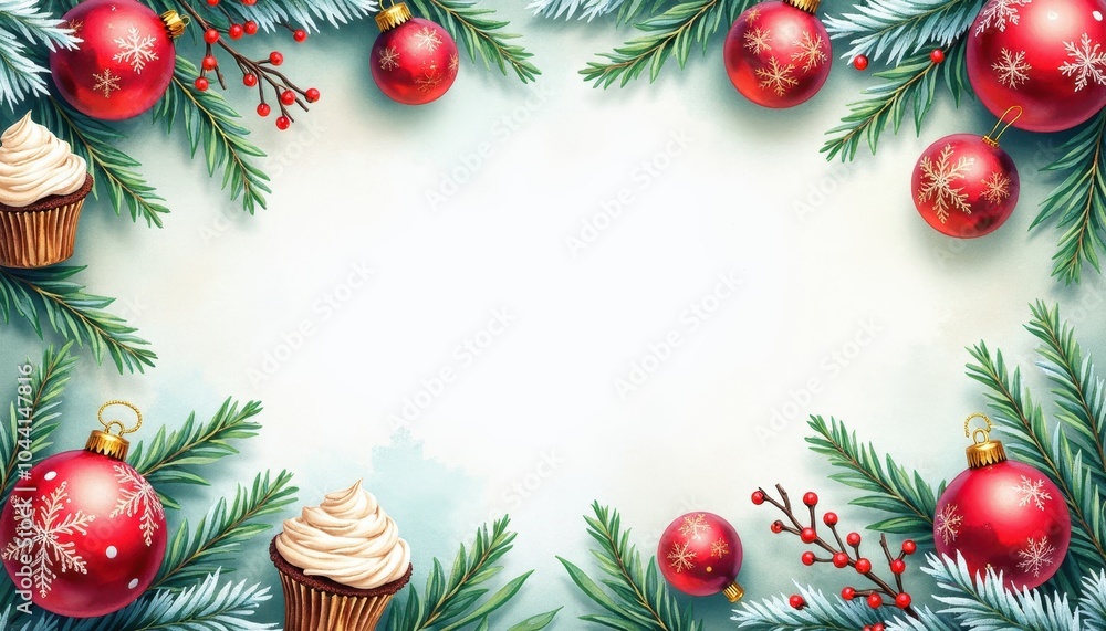 Illustration with copy space in the middle, surrounded with Christmas stuff ornate Christmas baubles, snowy branches, Christmas cupcakes, copy space Illustration with copy space in the middle, surrounded with Christmas stuff ornate Christmas baubles, snowy branches, Christmas cupcakes, copy space