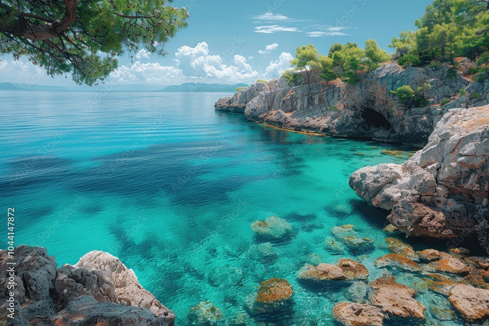 Breathtaking coastal serenity a crystal-clear view of tranquil waters and lush greenery by the shoreline Breathtaking coastal serenity a crystal-clear view of tranquil waters and lush greenery by the shoreline