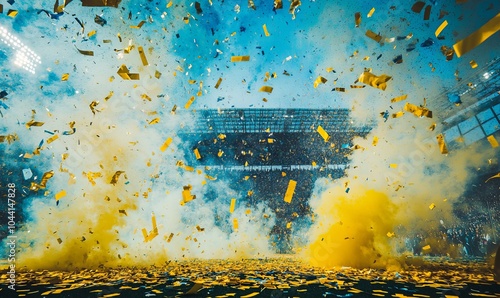 Evening stadium arena soccer field championship win. Confetti and tinsel. Yellow toning. Wide angle smoke in blue and yellow background photo