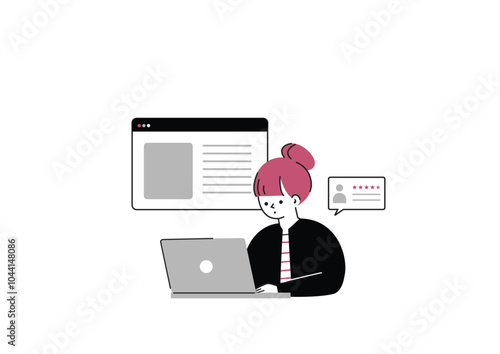 パソコンで口コミを調べるお団子ヘアの女の子