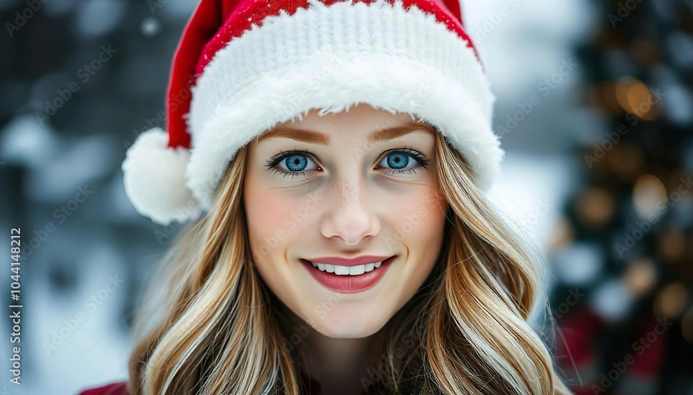 A young Caucasian woman with long, wavy blonde hair wearing a red Santa hat and smiling, closeup face A young Caucasian woman with long, wavy blonde hair wearing a red Santa hat and smiling, closeup face