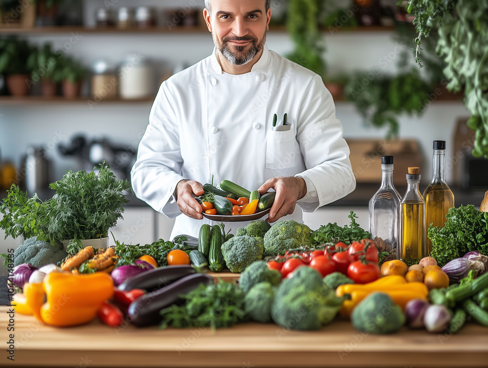 Ein Koch bereitet in der Küche frische und gesunde Speisen vor, Vegetarische Küche im vegetarischen Restaurant Ein Koch bereitet in der Küche frische und gesunde Speisen vor, Vegetarische Küche im vegetarischen Restaurant