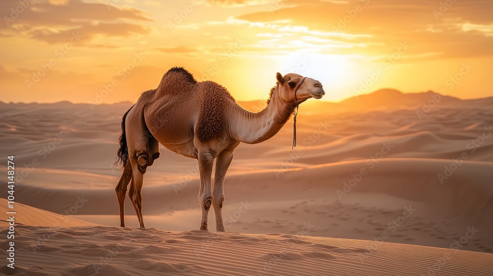 A camel stands in the desert dunes at sunset, golden light illuminating the scene A camel stands in the desert dunes at sunset, golden light illuminating the scene