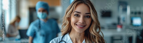 Smiling female doctor in scrubs and face mask standing in hospital, banner, copy space