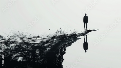 A lone figure stands at the edge of a precipice, contemplating the unknown. Their reflection in the water below adds a sense of depth and mystery.