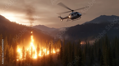 A helicopter hovers above a raging forest fire as flames engulf the trees and smoke billows into the sky photo