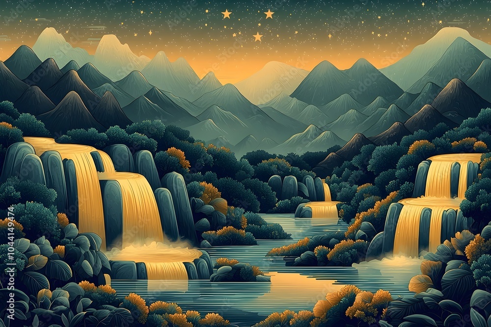Fototapeta premium A tranquil mountainous landscape featuring golden waterfalls cascading into a serene river, illuminated by a starry night sky.
