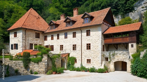 A stone building with a red tiled roof and a wooden balcony.