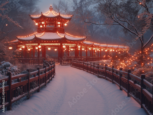 Tranquil Chinese garden under snow, glowing lanterns illuminate a winter night. AI Generative photo