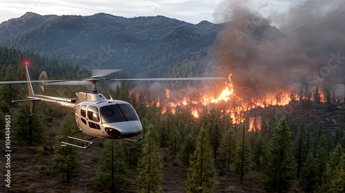 A helicopter hovers above a raging forest fire as flames engulf the trees and smoke billows into the sky