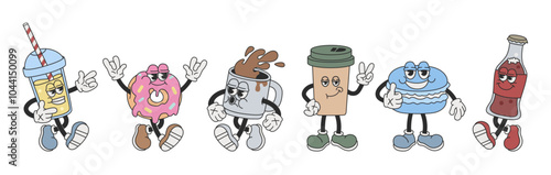 Funny set of cartoon groovy characters from cafe, drinks, desserts in 30s style: soda, takeaway coffee, donut, macaroon, coffee in a mug. Groovy cartoon characters, cafe, drinks and desserts. Vector.