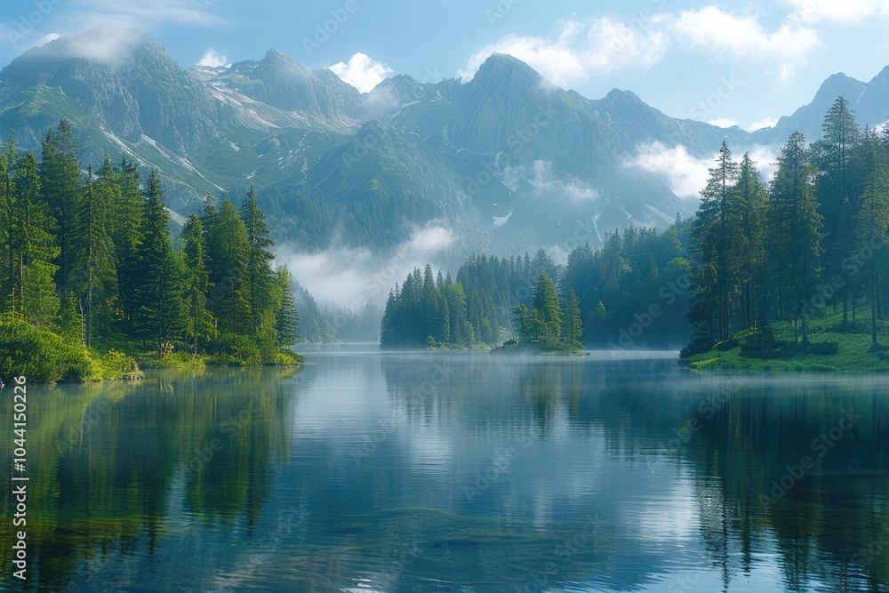 Breathtaking tranquility a serene lake surrounded by majestic mountains and lush forests in nature's embrace Breathtaking tranquility a serene lake surrounded by majestic mountains and lush forests in nature's embrace