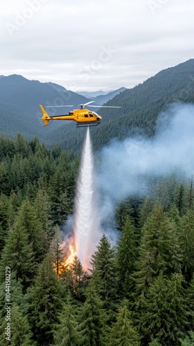 A helicopter hovers above a raging forest fire as flames engulf the trees and smoke billows into the sky