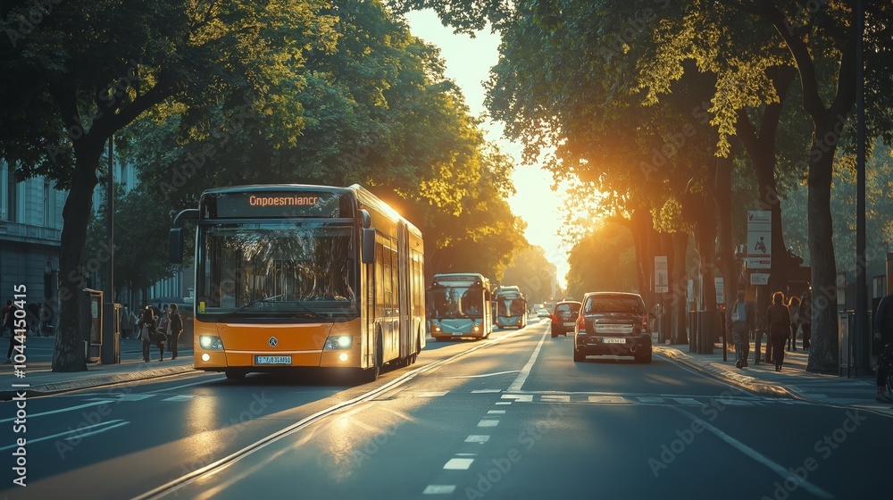 Obraz premium An orange city bus traveling down a tree-lined street during sunset, capturing the essence of urban life and daily public transportation, Generative Ai