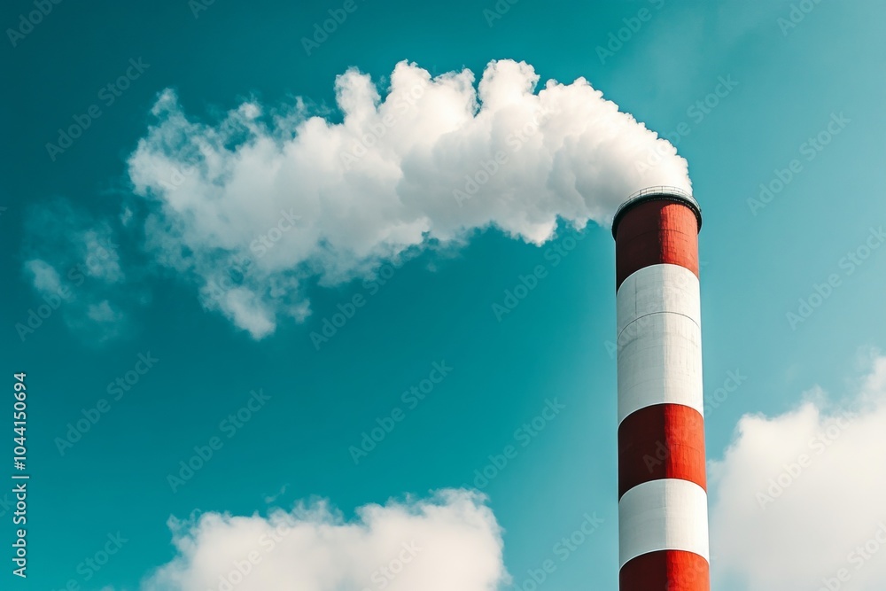 Minimalistic image of high chimney releasing steam at a waste to energy facility under clear sky, banner Minimalistic image of high chimney releasing steam at a waste to energy facility under clear sky, banner