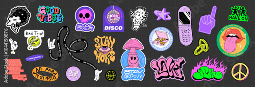 Stylish retro vibe stickers. Сharacters, lettering, patches, groove slogan, graffiti on fashion stickers. Cartoon graphic box, y2k and groovy vibe, acid, psychedelic, trippy, retro rave. Vector set