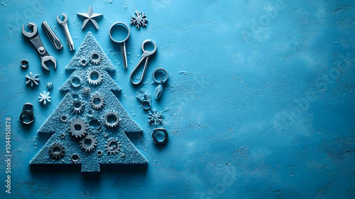 An Eye-Catching Conceptual Christmas Tree Made of Engineering Tools on a Vivid Blue Background, Ideal for New Year Greeting Cards in the Engineering Sector