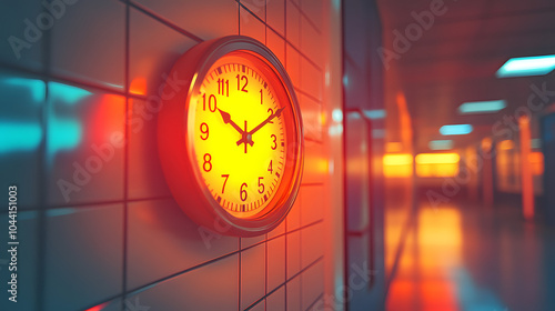 A Detailed and Vibrant Commix Frame Capturing a Close-Up of an Office Clock on the Wall in a Contemporary Style photo