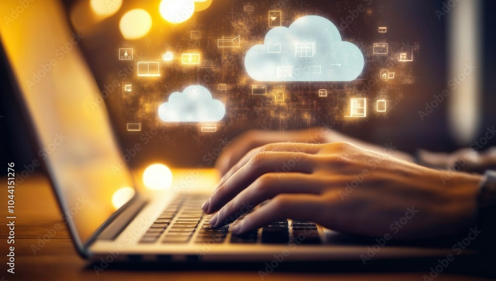 A person typing on a laptop with cloud technology icons and digital elements glowing around their hands, symbolizing the idea of using online storage for document management Generative AI A person typing on a laptop with cloud technology icons and digital elements glowing around their hands, symbolizing the idea of using online storage for document management Generative AI