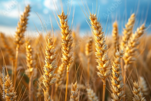 Golden wheat fields under blue skies a stunning display of nature's bounty and agricultural beauty