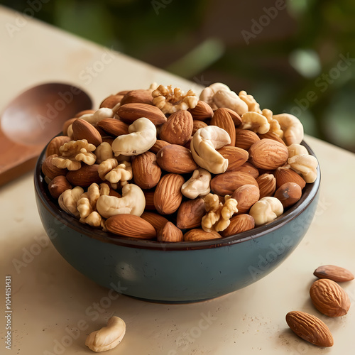 A bowl filled with a variety of nuts including almonds, cashews, and walnuts, perfect for healthy snacking.