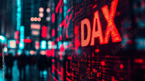 Rote Leuchtreklame DAX - Börsenhandel in Deutschland, Darstellung DAX Aktienmarkt auf großem Monitor, Börsenhandel der größten deutschen Unternehmen