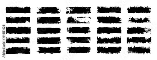 Paint roller brush strokes, featuring rough and textured edges. Paintbrush, ink strokes in dirty style with splashes. Perfect for backgrounds, borders, and creative projects. Vector graphic set