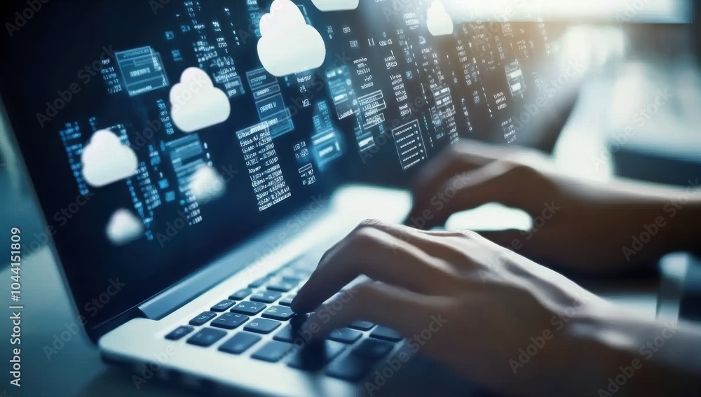 A person typing on their laptop with icons of cloud technology and data floating above the keyboard cloud server to store all images and text for use in business Generative AI A person typing on their laptop with icons of cloud technology and data floating above the keyboard cloud server to store all images and text for use in business Generative AI