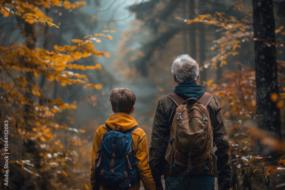 A grandfather and grandson journey through a misty autumn forest embracing nature and connection A grandfather and grandson journey through a misty autumn forest embracing nature and connection