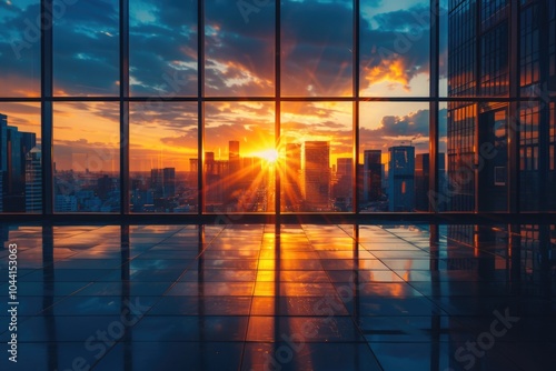 Stunning sunset over city skyline a captivating view from modern high-rise windows reflecting nature's beauty and urban life