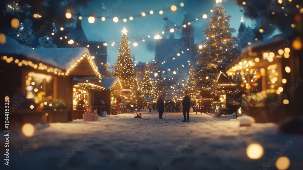 A winter evening market adorned with festive lights and decorations in a snowy village landscape A winter evening market adorned with festive lights and decorations in a snowy village landscape