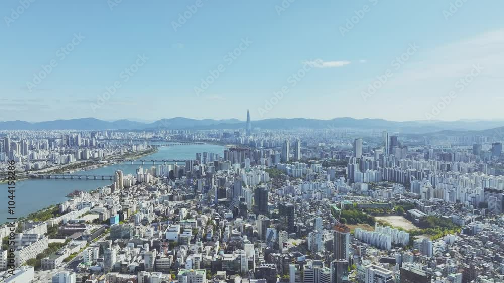 Drone View of Seoul city in South Korea, Apgujeong Rodeo, Summer 60fps