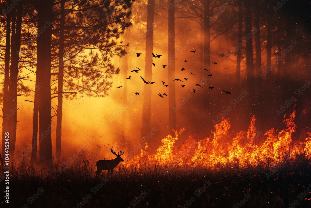 Fototapeta premium Escaping wildlife a minimalist depiction of forest fire highlighting human triggered catastrophes, harmful human activities and extinction of animals and birds, banner