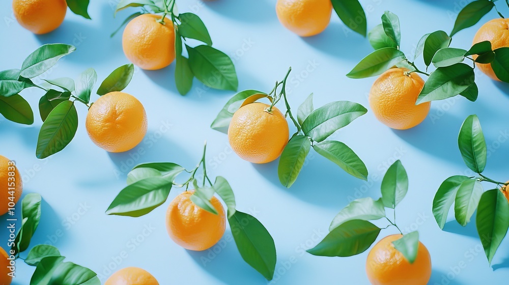 Bright orange tangerines with green leaves on a vibrant blue background. Bright orange tangerines with green leaves on a vibrant blue background.